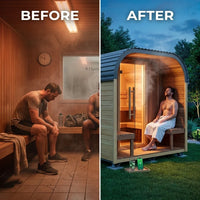 Lennon 4-6 Person Traditional Cedar Outdoor Cube Sauna with Porch, Electric Sauna Heater, Sauna Rocks, Dry Heat, Steam Sauna, LED Lights, Wi-Fi Control, Sauna Accessories — Before & After