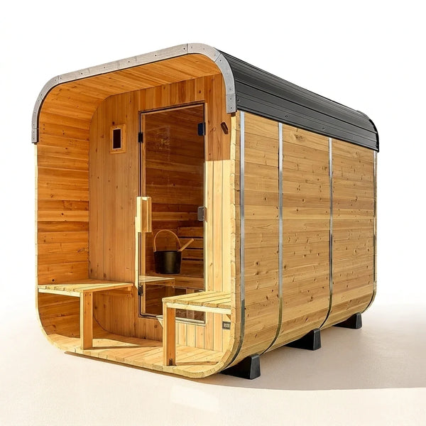 Lennon 4-6 Person Traditional Cedar Outdoor Cube Sauna with Porch, Electric Sauna Heater, Sauna Rocks, Dry Heat, Steam Sauna, LED Lights, Wi-Fi Control, Sauna Accessories — Studio Shot