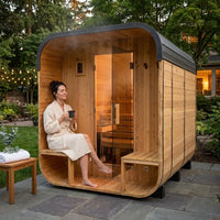Lennon 4-6 Person Traditional Cedar Outdoor Cube Sauna with Porch, Electric Sauna Heater, Sauna Rocks, Dry Heat, Steam Sauna, LED Lights, Wi-Fi Control, Sauna Accessories — Lifestyle